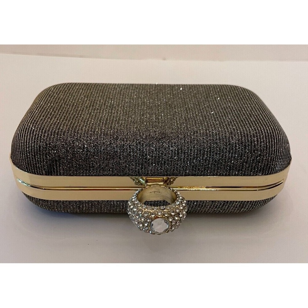 Payless Womens Clamshell Rhinestone Ring Purse Silver Gold Shoulder Strap Lined - Picture 6 of 15